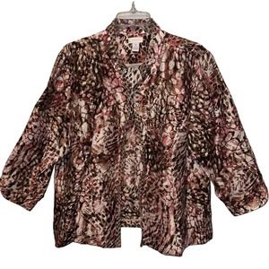 Chicos Animal Print Linen Blend Open Front Jacket Sequins Pink Brown Size 3 XL